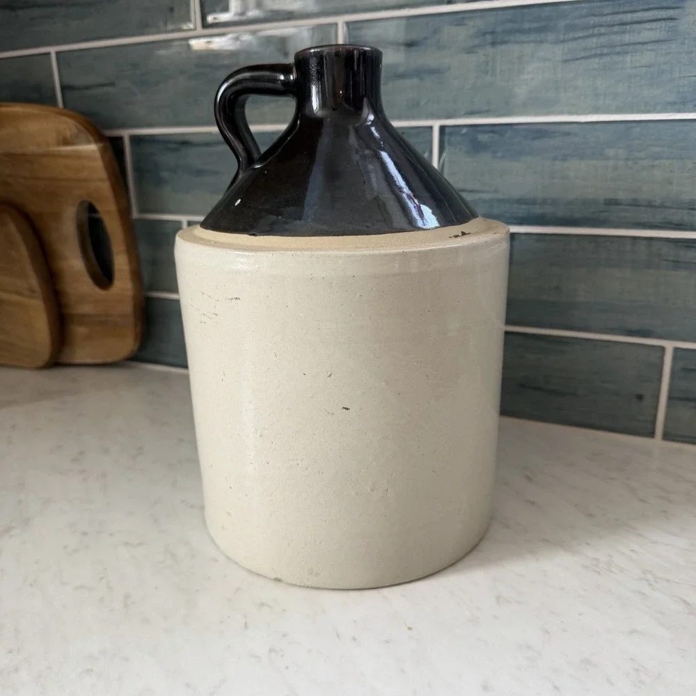 VTG Stoneware Gallon Whiskey Jug Brown/Tan No Cork Cottagecore Rustic Bar Decor‎